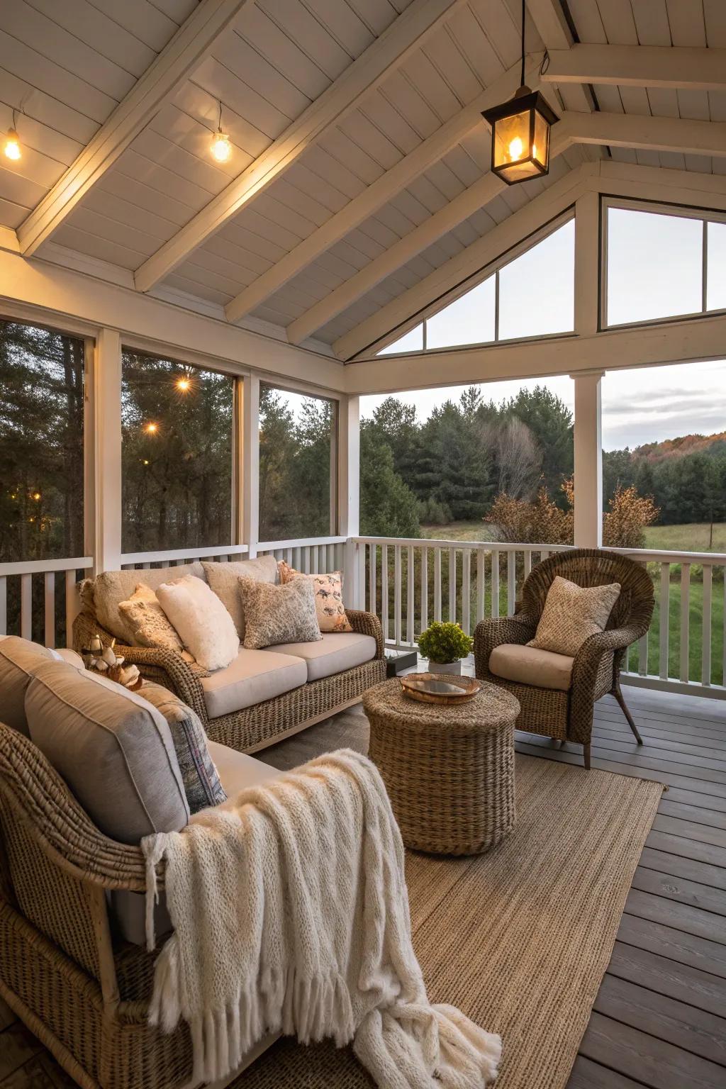 Cozy textures add warmth and comfort to your screened porch.