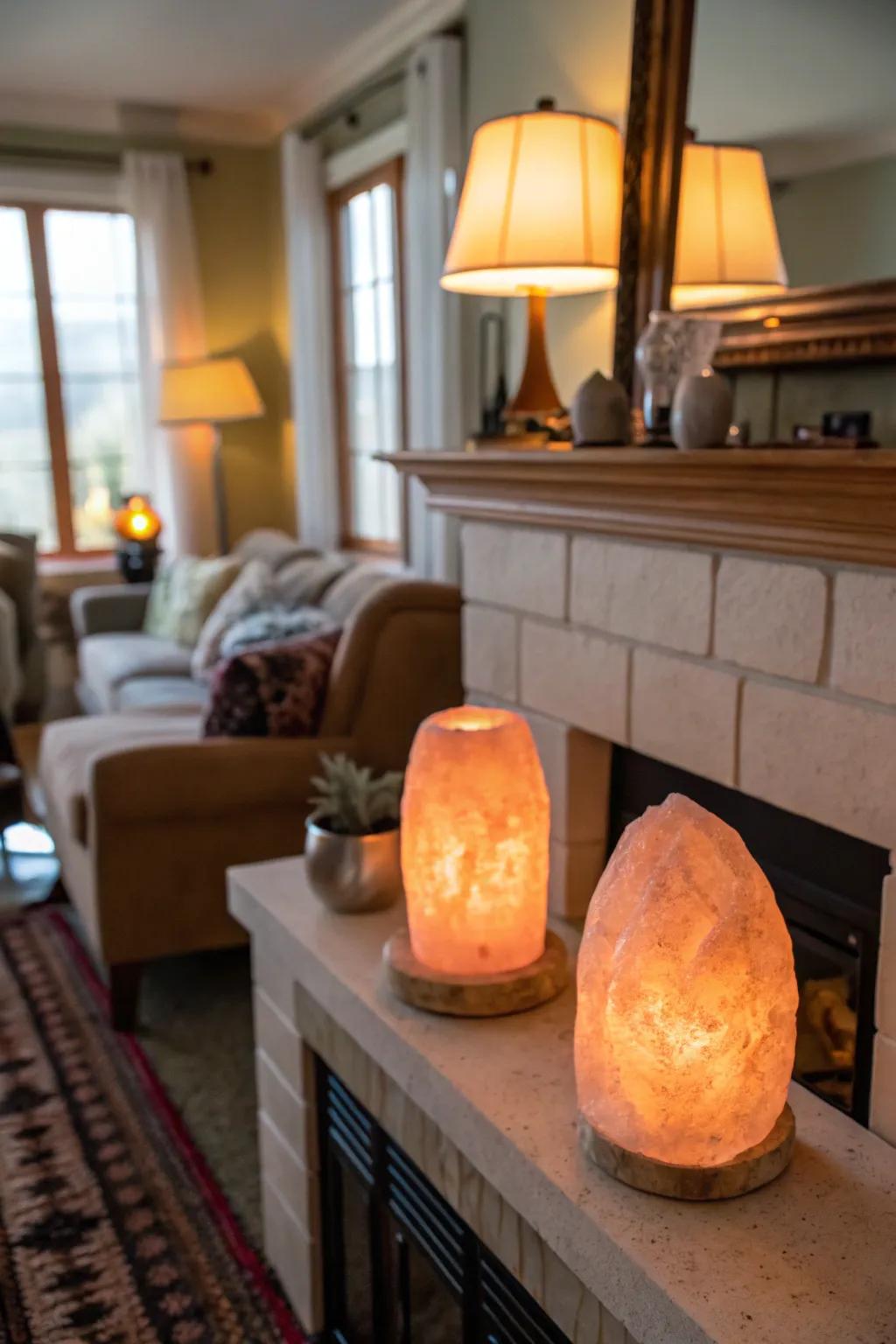 Himalayan salt lamps provide soothing light and aesthetic appeal.