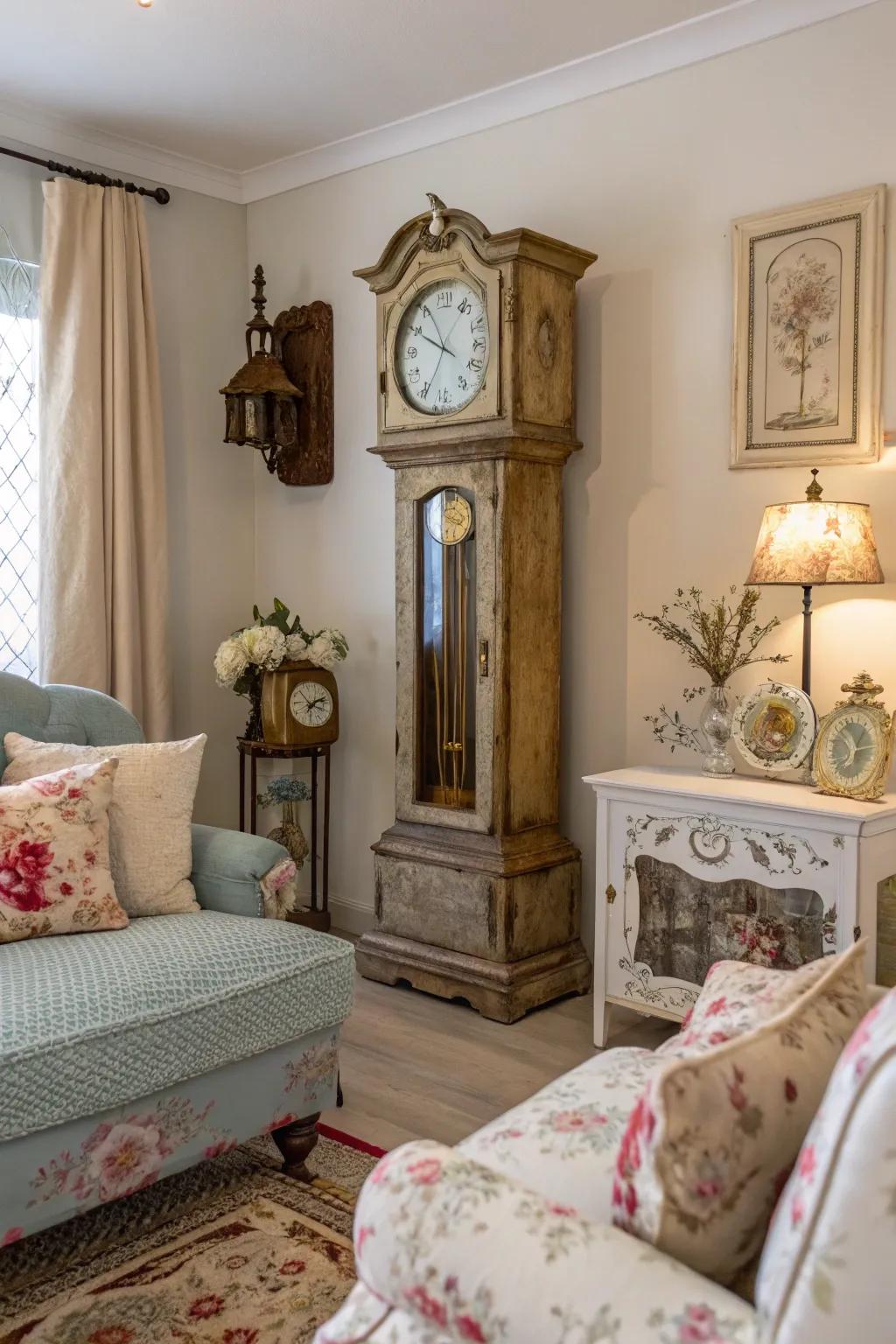 An antique clock adds timeless charm to a shabby chic living room.