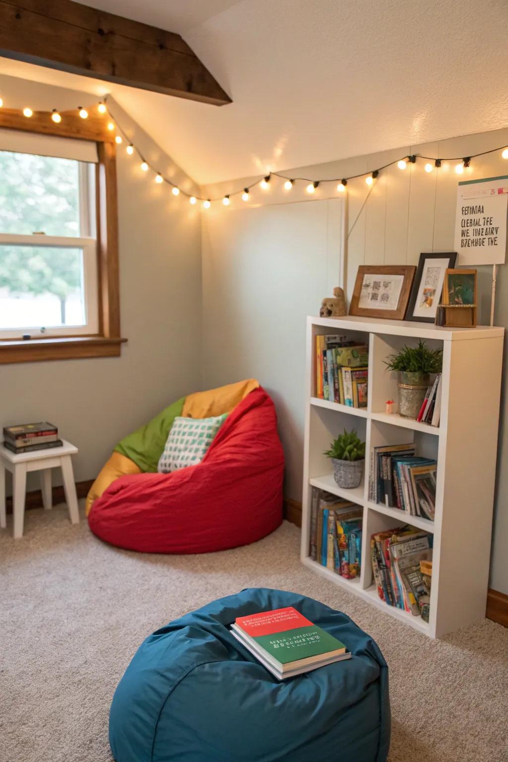 A reading nook provides a cozy retreat for quiet time.