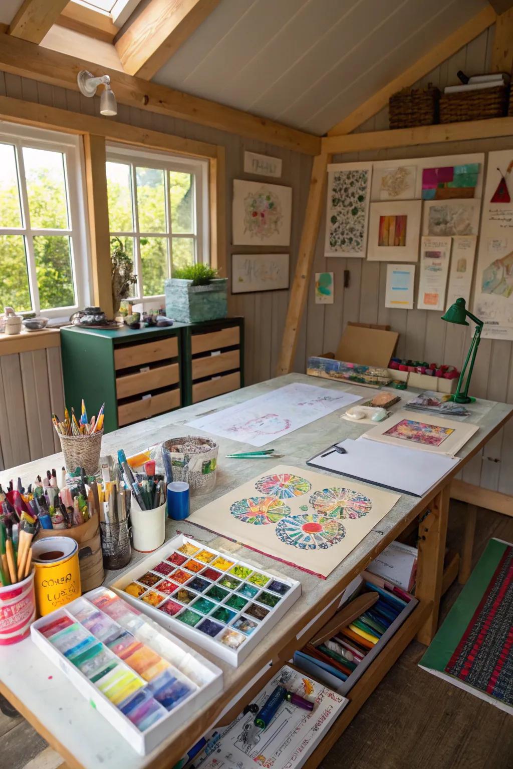 A large craft table offers plenty of space for creative endeavors in a she shed.