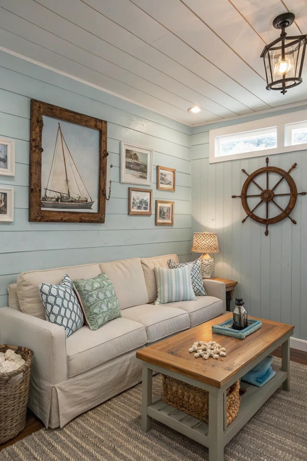 A coastal-themed room with light blue shiplap wainscoting.