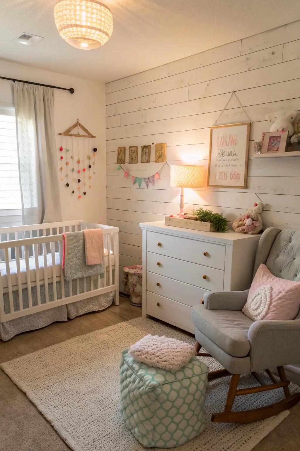 A nursery featuring a white shiplap accent wall.