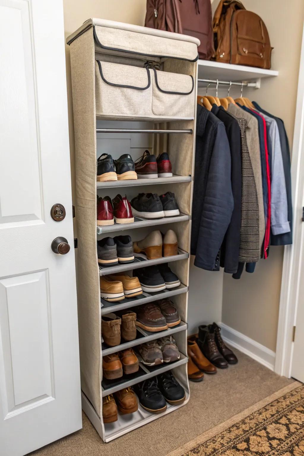 A coat closet is an unexpected but effective shoe storage spot.