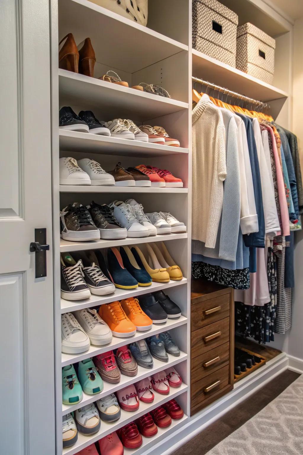 Tiered racks keep your shoes organized and easily accessible.