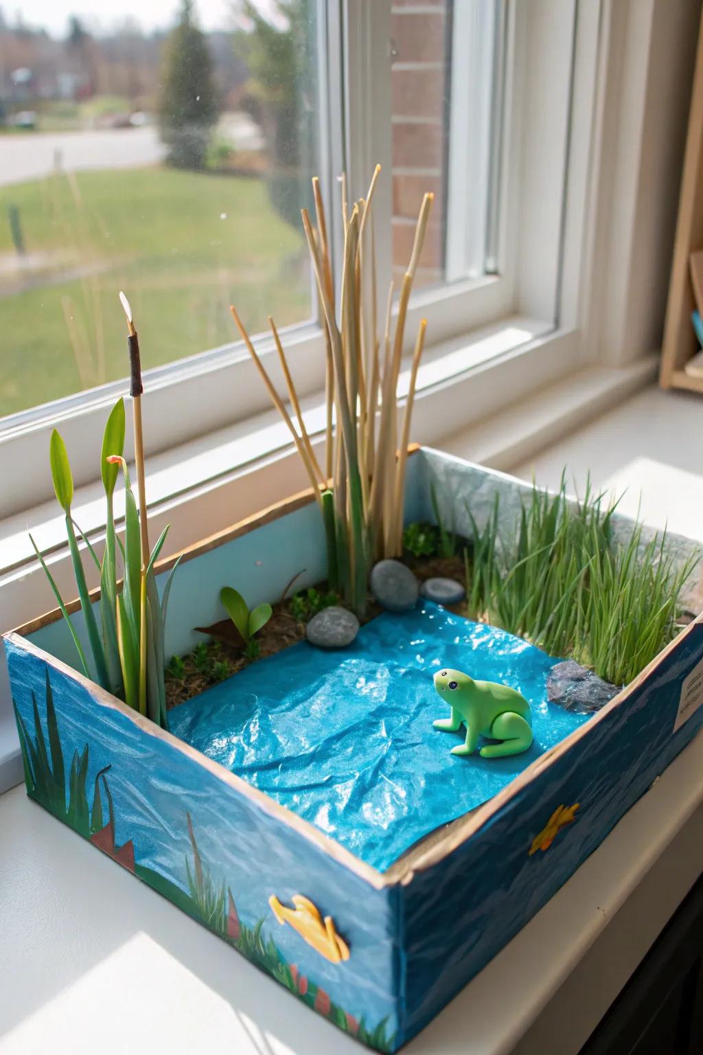 Step into the tranquil world of wetlands with this shoebox creation.