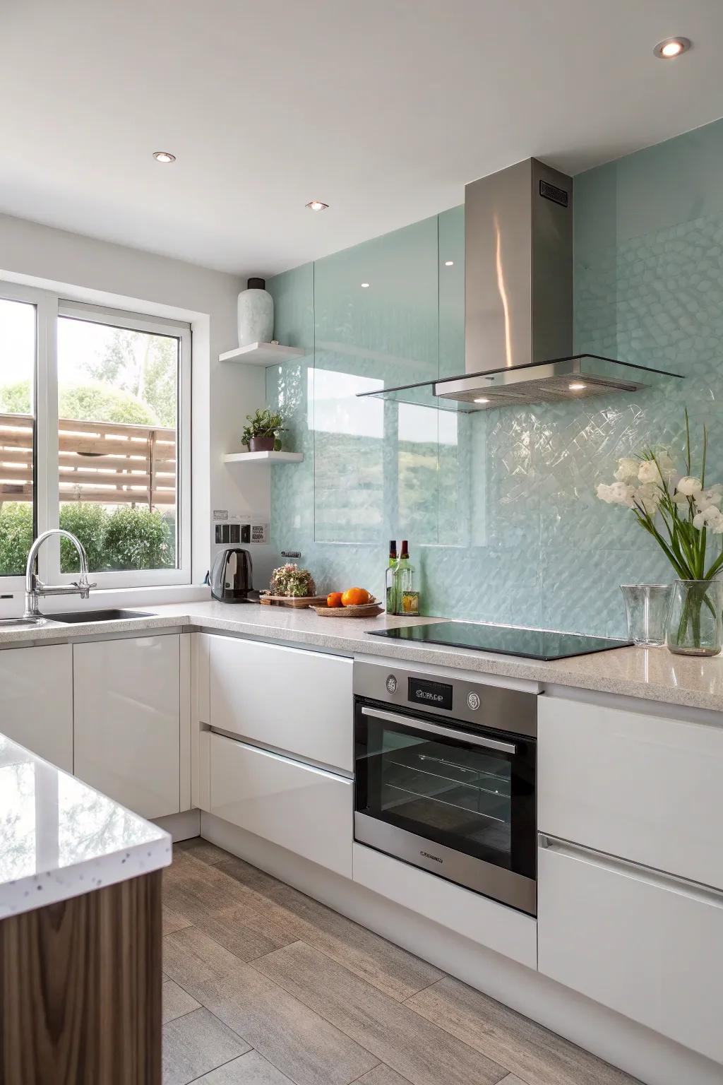 A glass backsplash adds sleek sophistication to this light-filled kitchen.