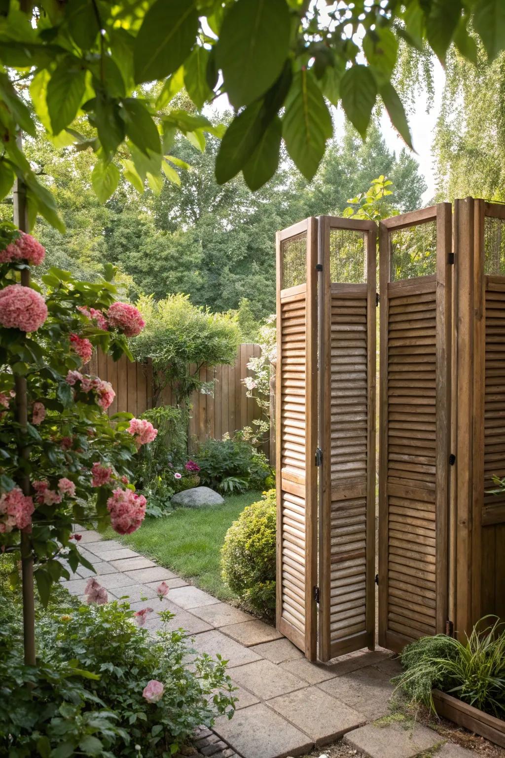 Create a cozy outdoor retreat with shutter privacy screens.