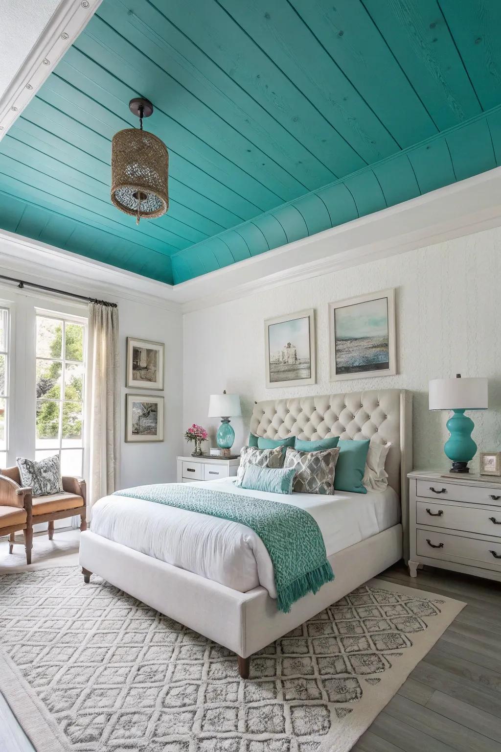 Add a unique touch to your bedroom by painting the ceiling.