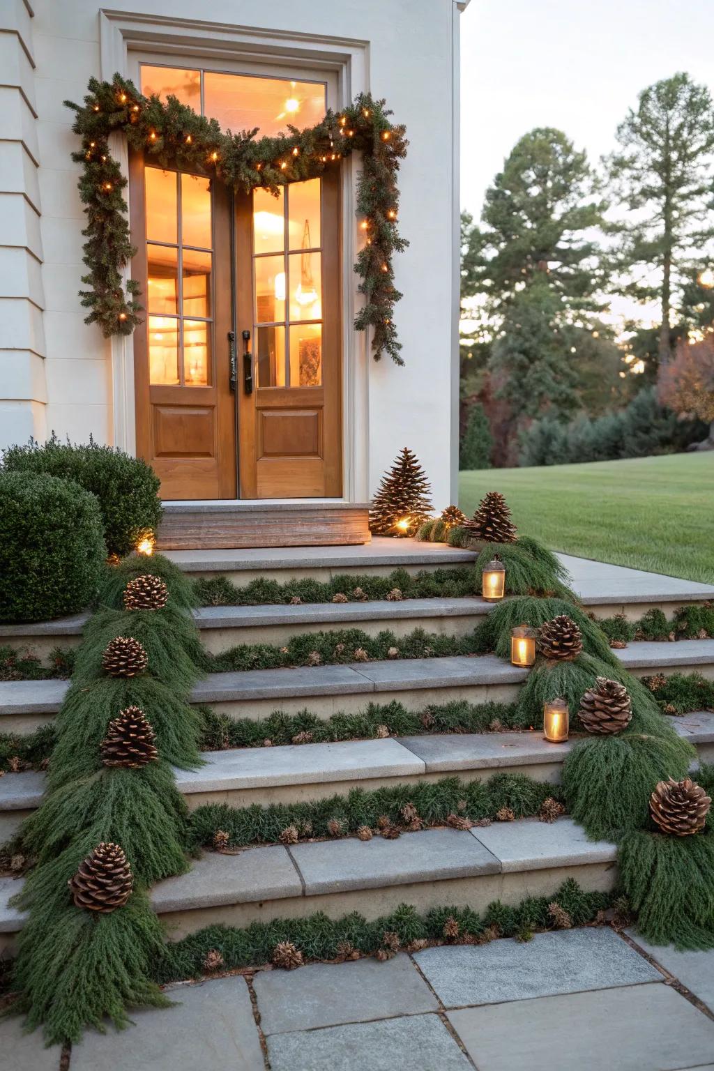 Pinecones adding a rustic touch to a festive entrance.