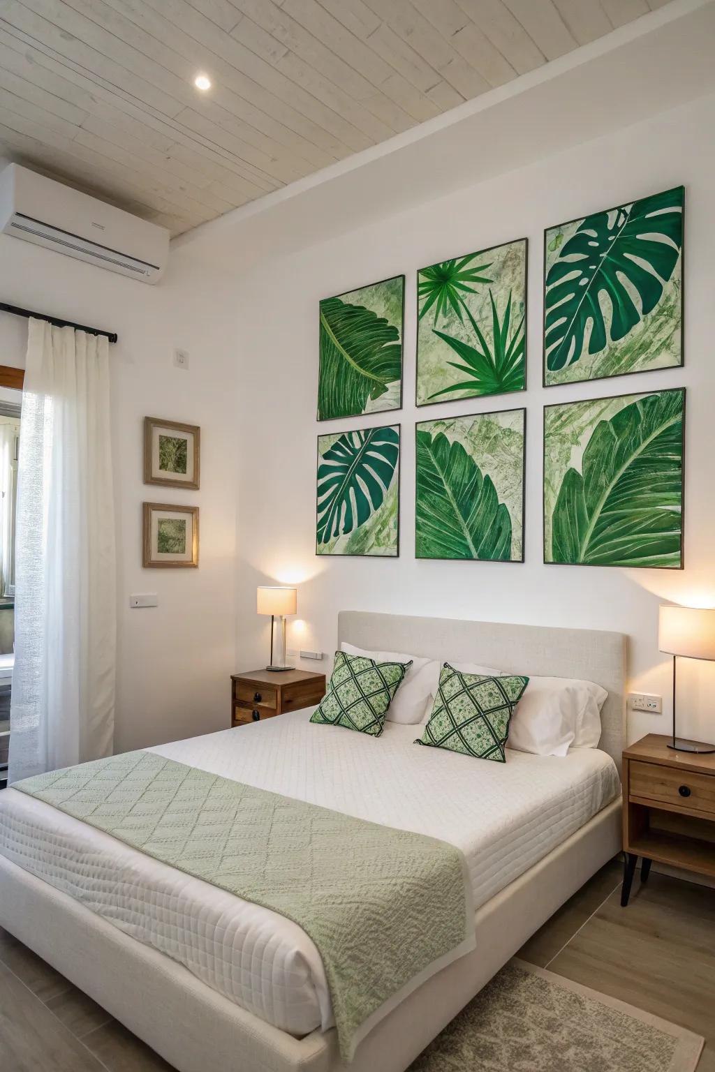 Abstract green artwork adds a stylish touch to the bedroom.