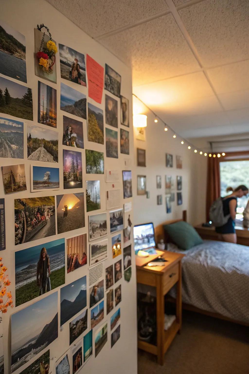 A personalized photo wall adds a touch of home to a dorm room.