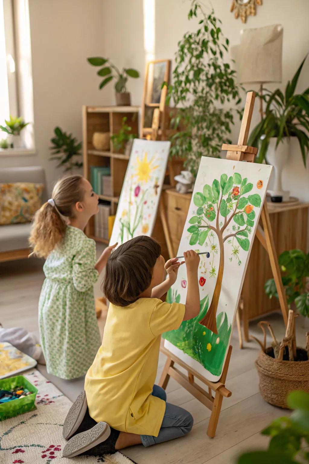 Kids painting beautiful nature scenes on canvas