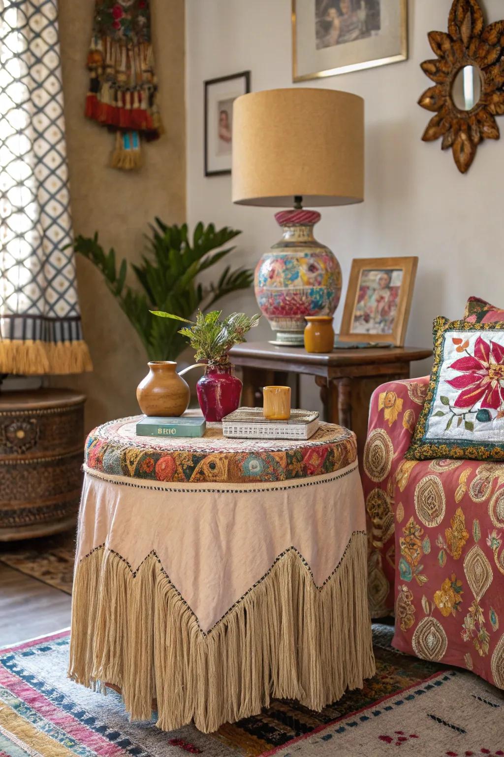 A fringed skirted side table, adding playful texture to a bohemian-inspired space.