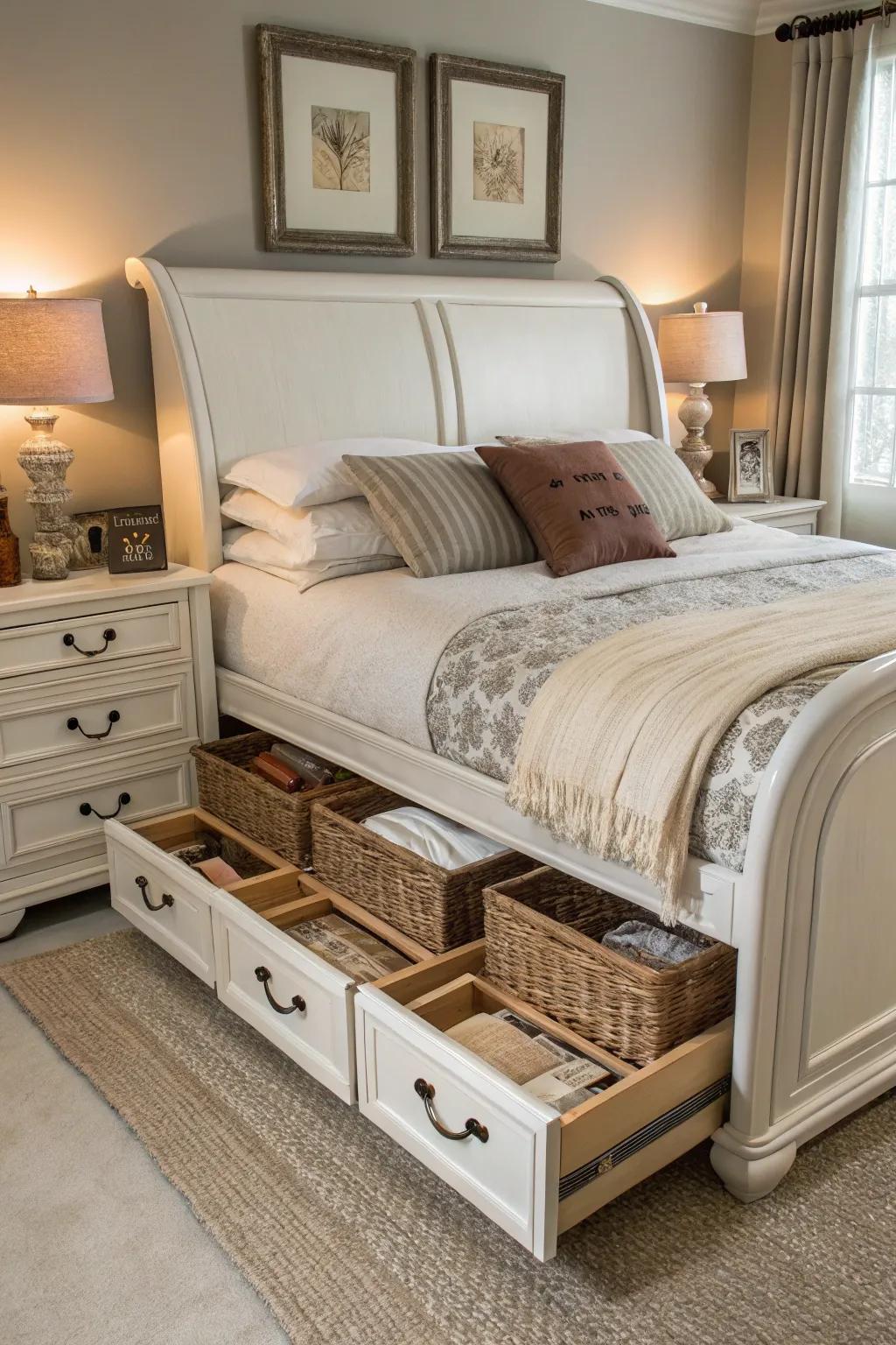 Smart storage solutions make this sleigh bed both beautiful and practical.