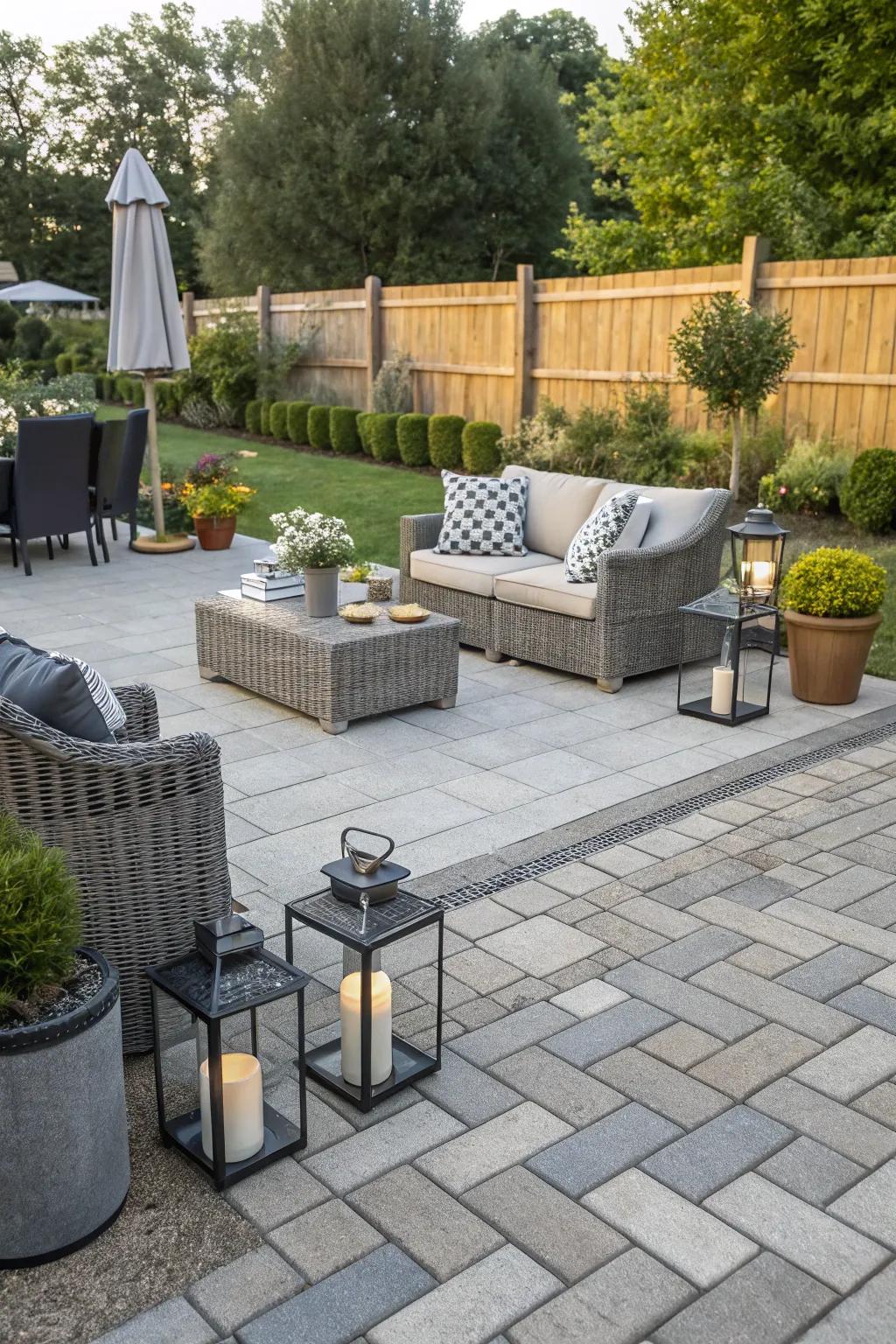 Intricate herringbone patterns add sophistication to this small patio space.