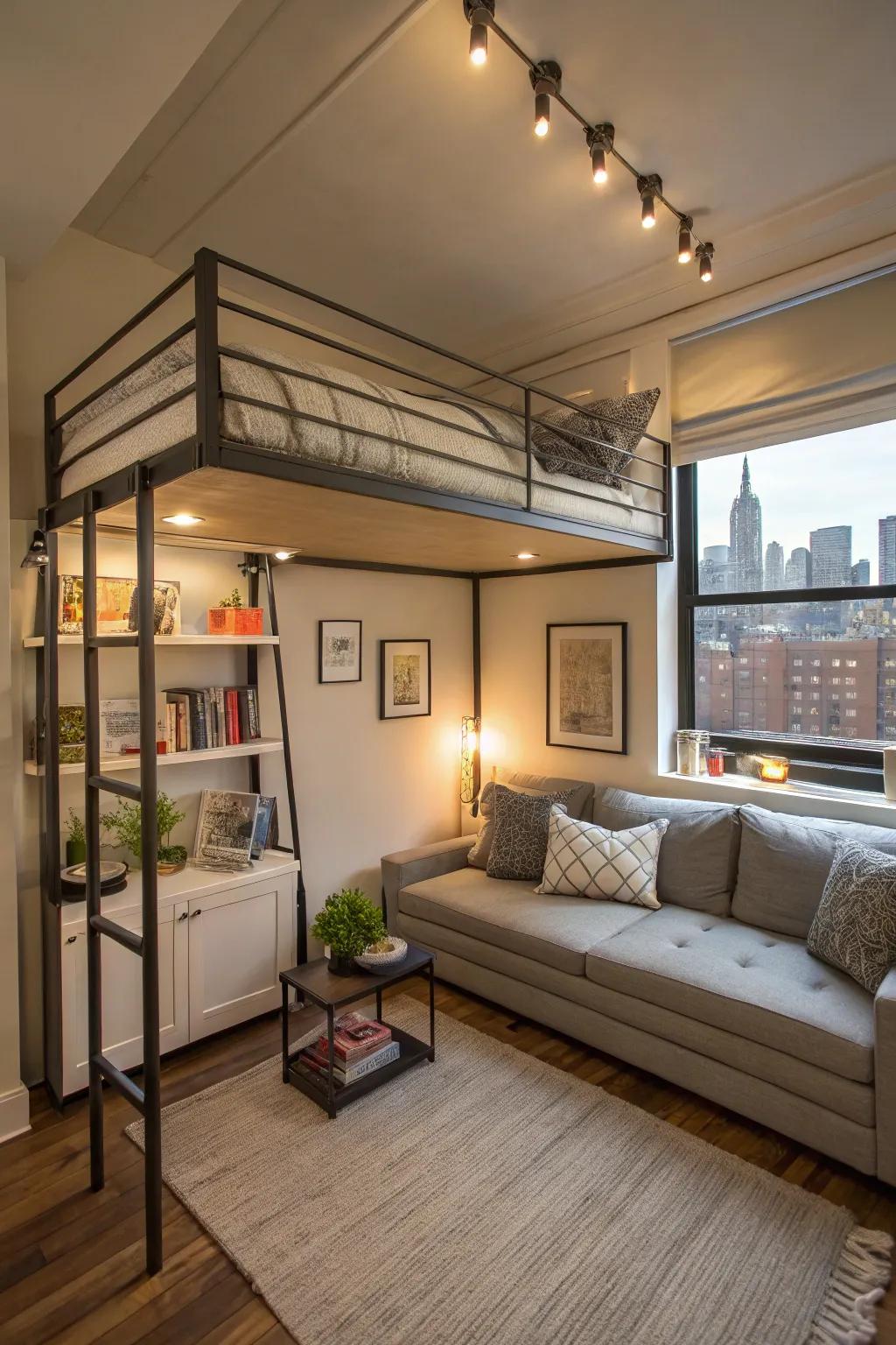 Loft bed turns a small apartment into a versatile living space.