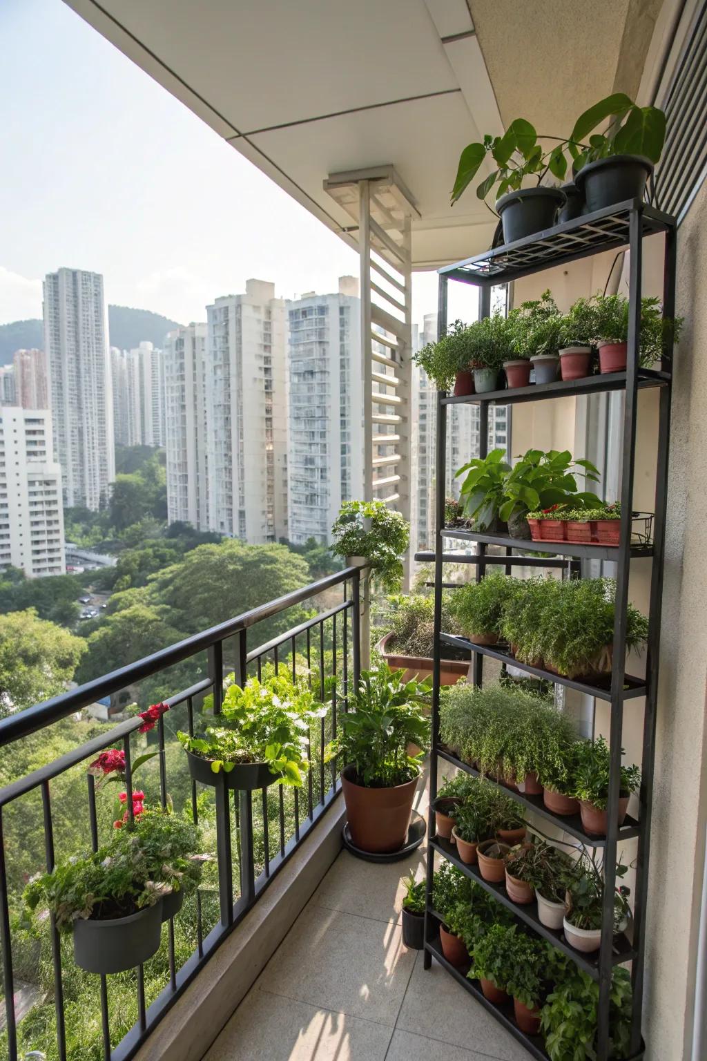 Multi-level plant stands create a lush, layered look.