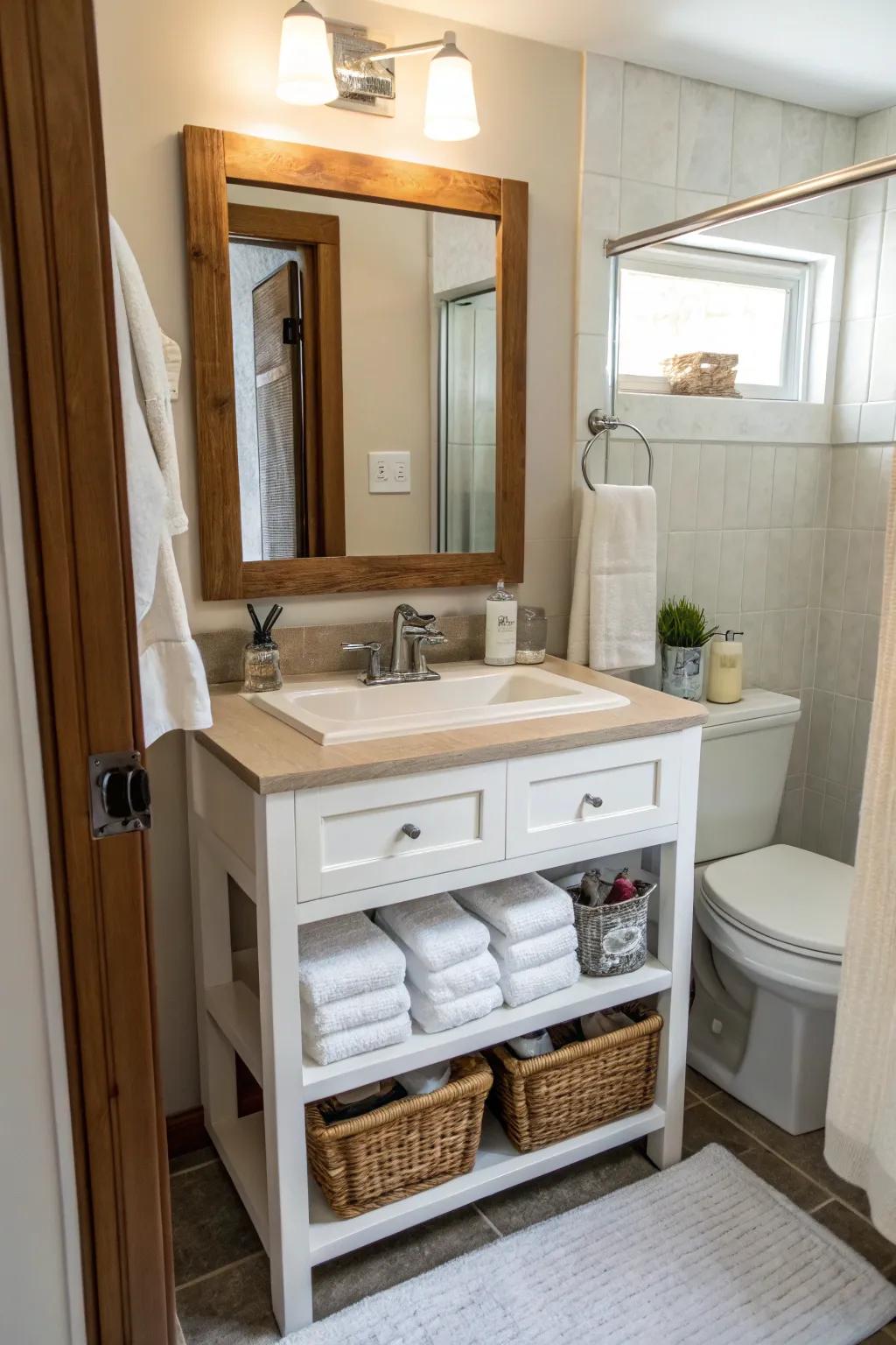 Multi-functional furniture helps maintain order in small bathrooms.