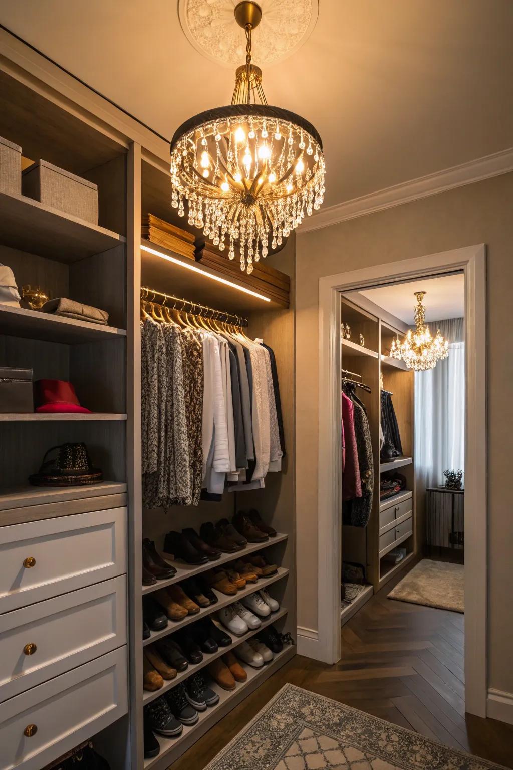 A statement light fixture elevates the ambiance of the closet.