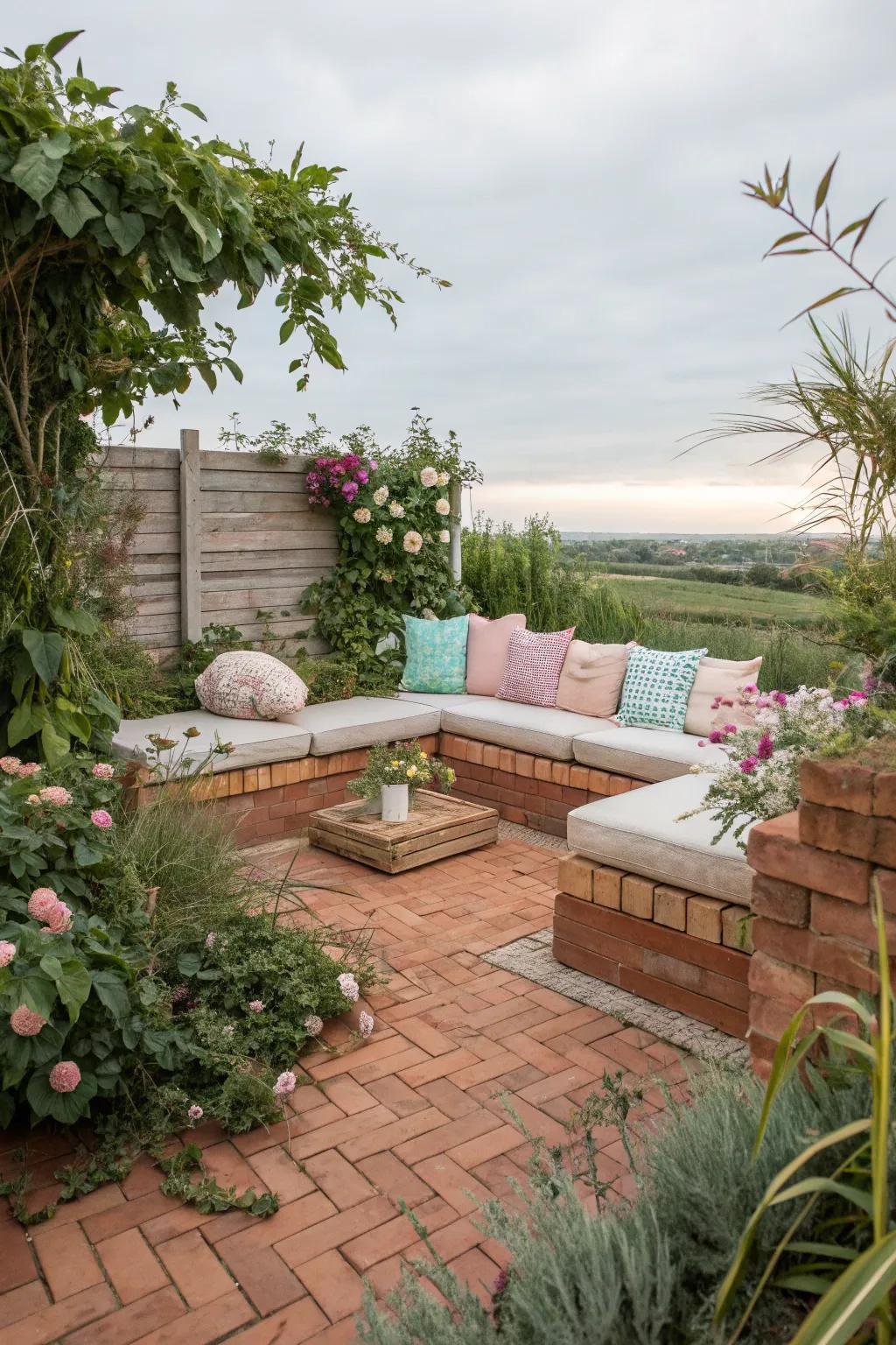 A small brick patio with a modular seating arrangement.