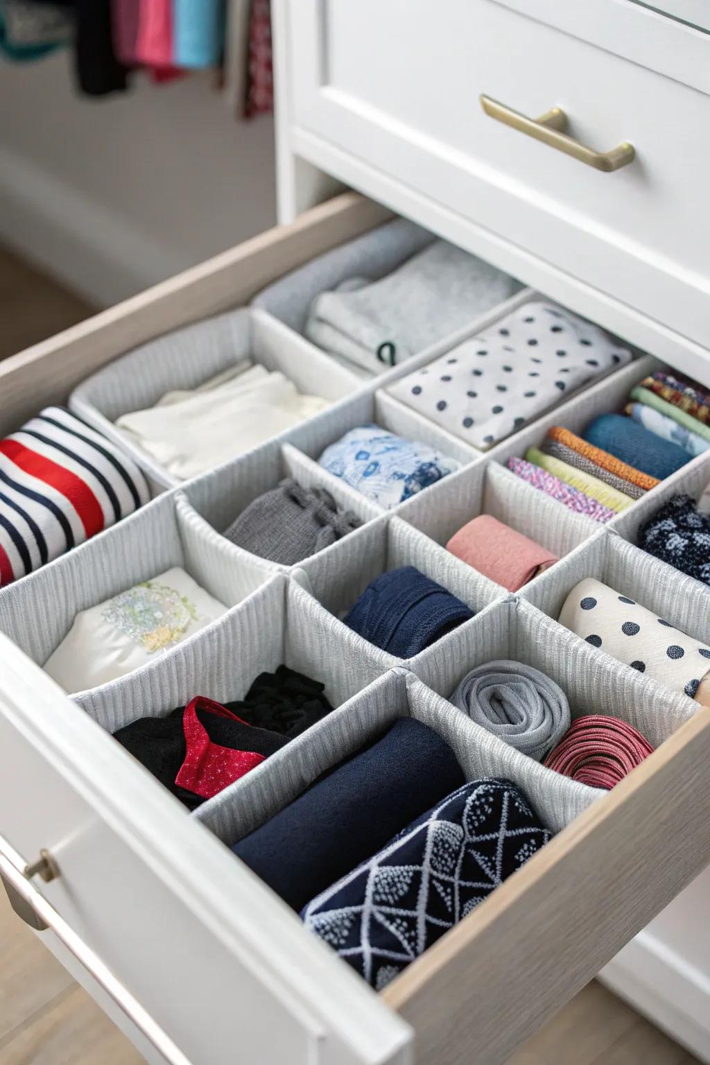 Drawer dividers help keep small items neat and organized.