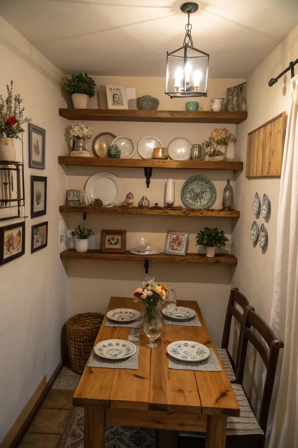 Floating shelves add storage while keeping the floor clear.