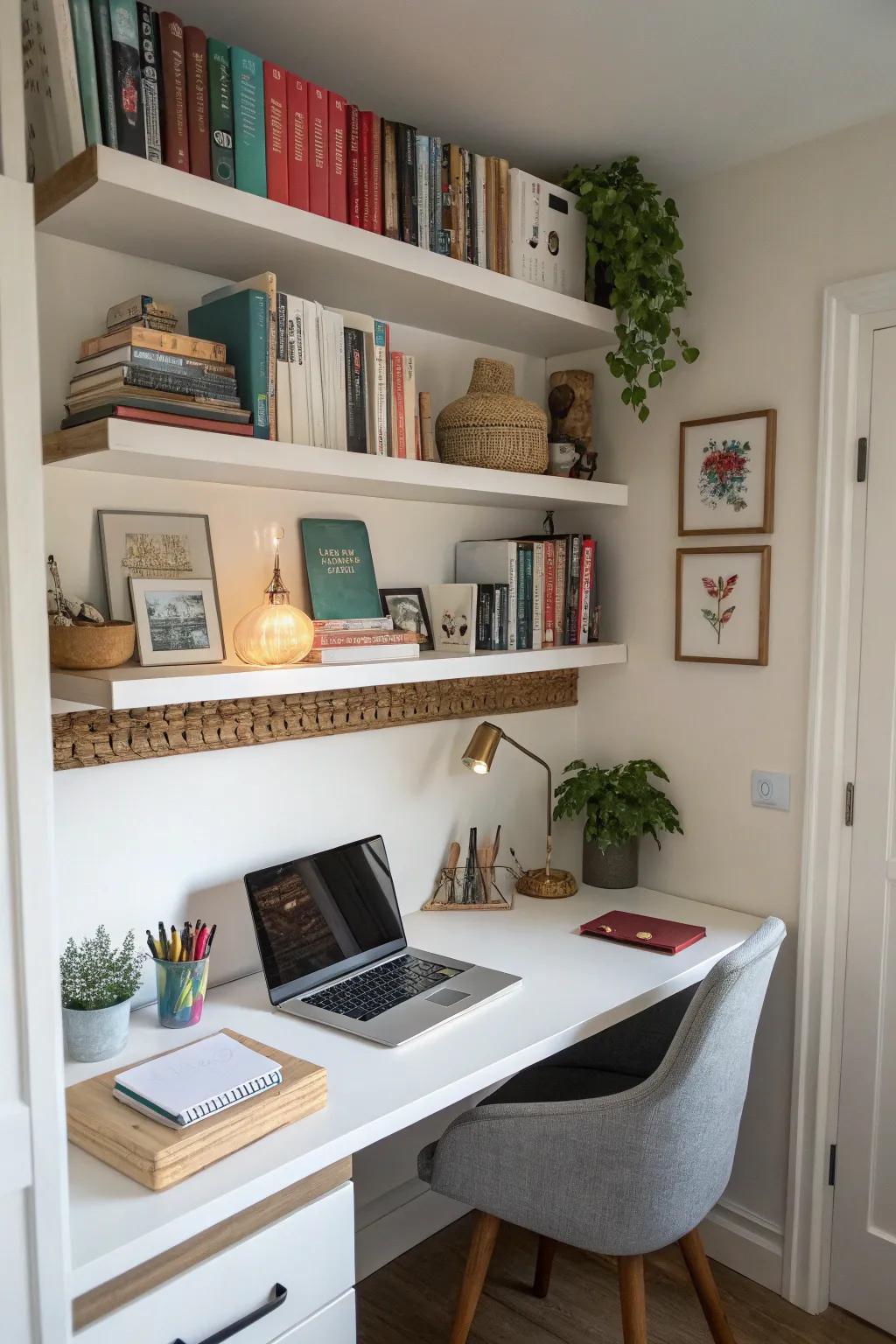 Floating shelves add storage and style.