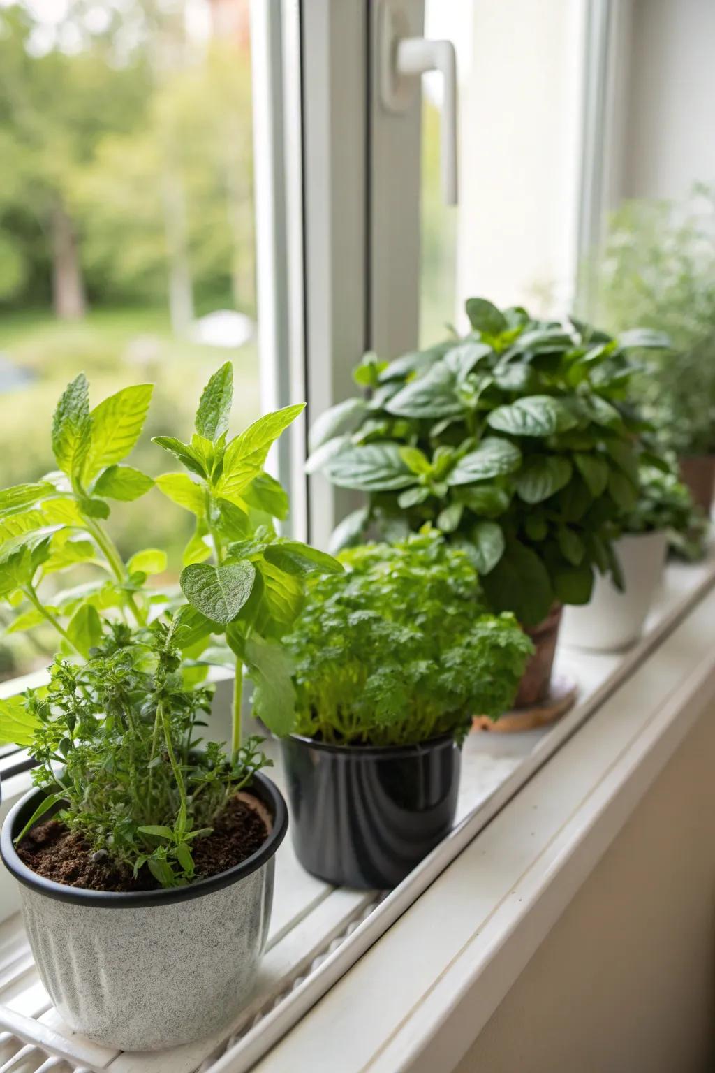 A windowsill garden keeps fresh herbs within reach.