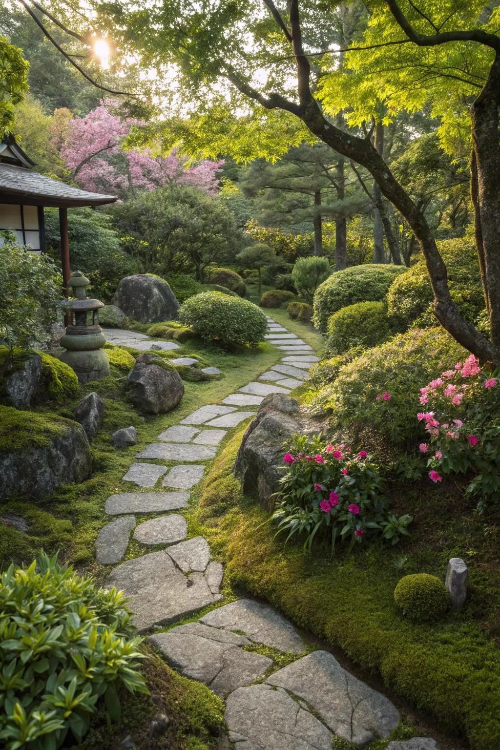 A stone pathway invites exploration through the garden.