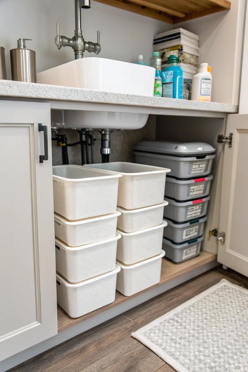 Make the most of under-sink storage with bins.