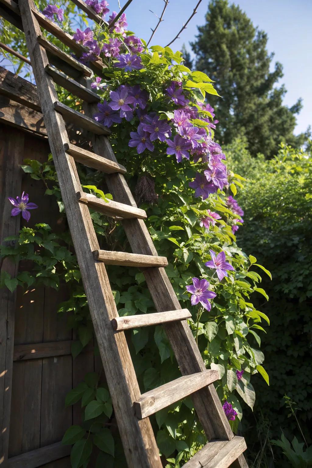 Transform your garden with rustic charm: A weathered ladder as a canvas for nature's artistry.