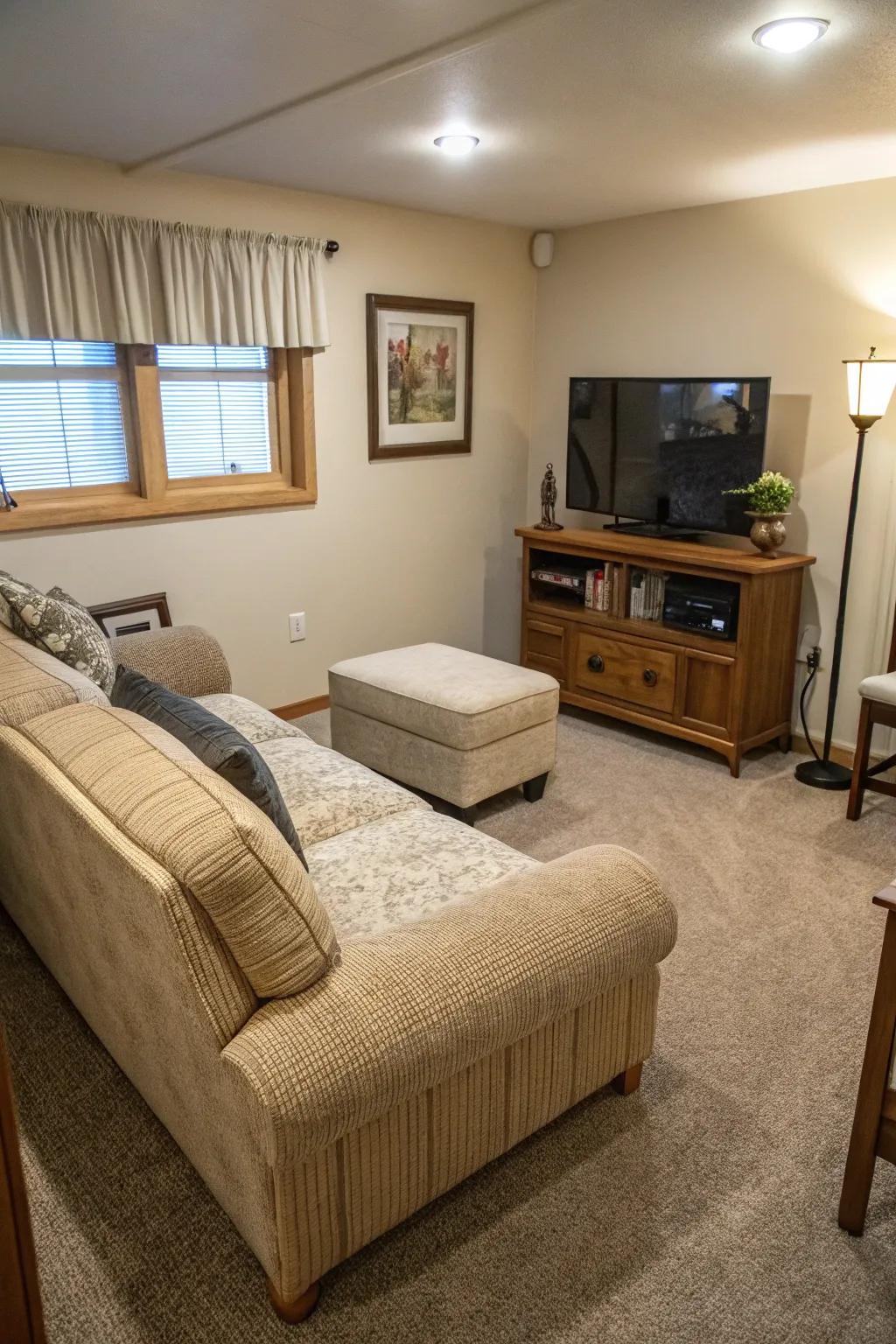 A practical small living room setup with a chaise lounge positioned for optimal TV viewing.