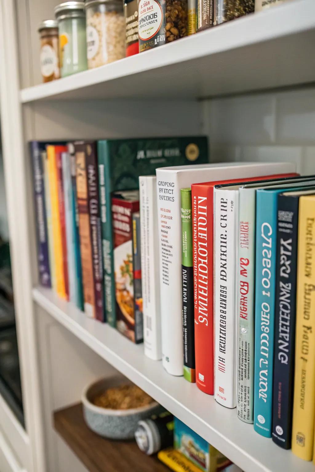 A dedicated shelf keeps cookbooks organized and accessible.