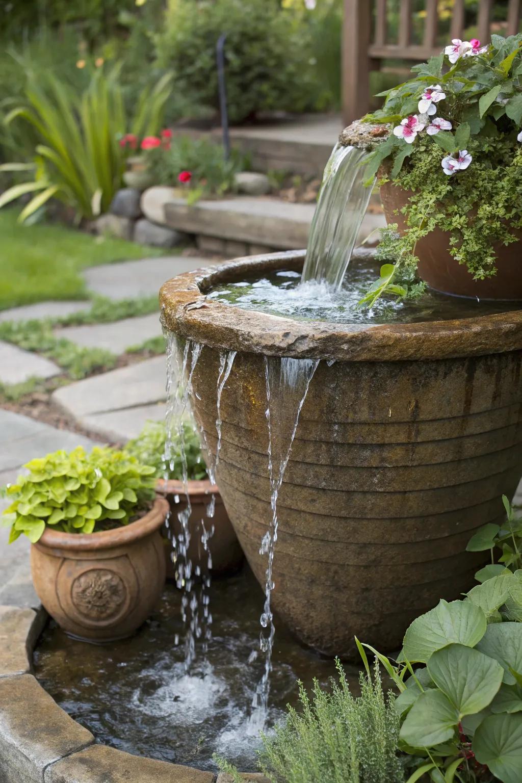 A garden pot waterfall offers a simple yet elegant garden feature.