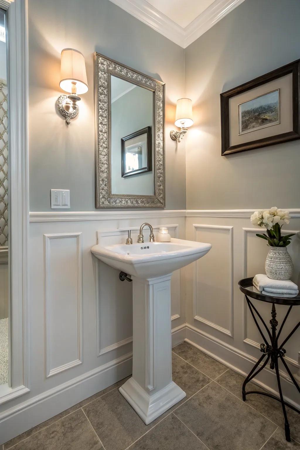 Compact fixtures like pedestal sinks optimize space in powder rooms.