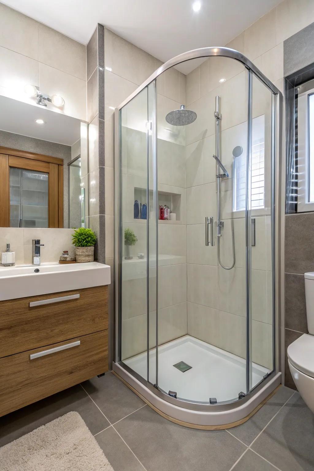 A small bathroom featuring a corner shower to save space.