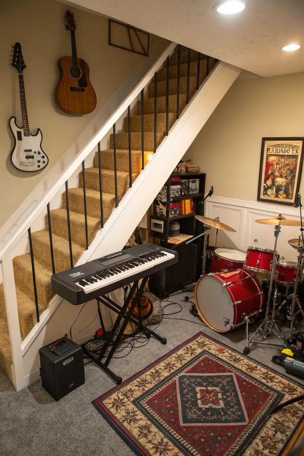 Harmonize creativity with a musical playroom under the stairs.