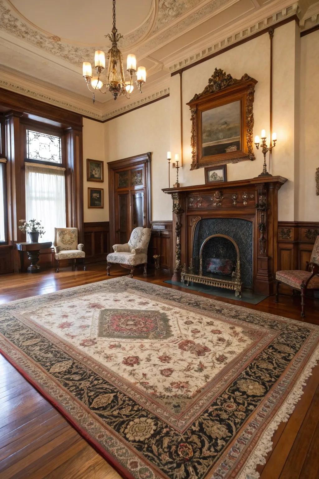 Antique rugs add warmth and pattern to Victorian spaces.