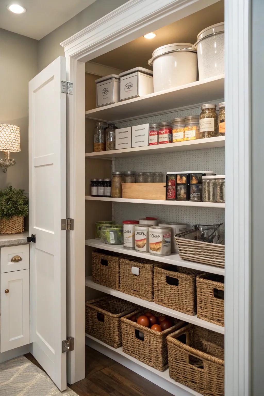 Adjustable shelves offer flexible storage options in the pantry.