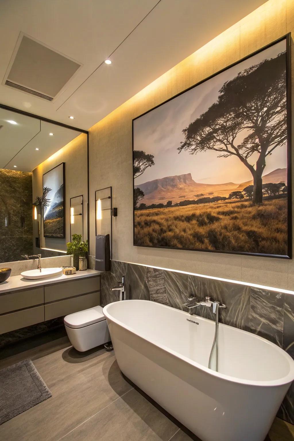 Artwork can transform your bathroom into a glamorous retreat.