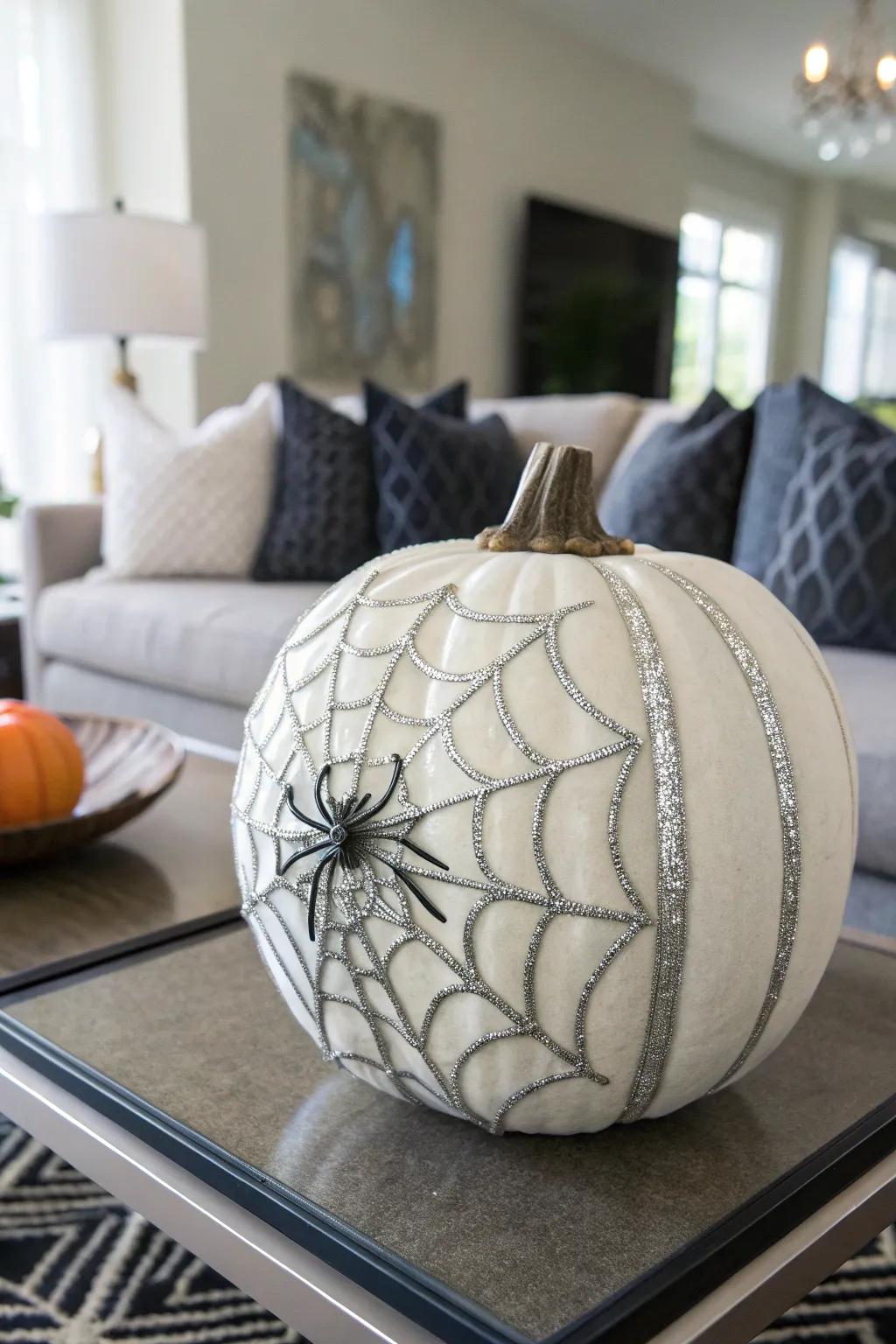 A pumpkin featuring a metallic silver spider web.