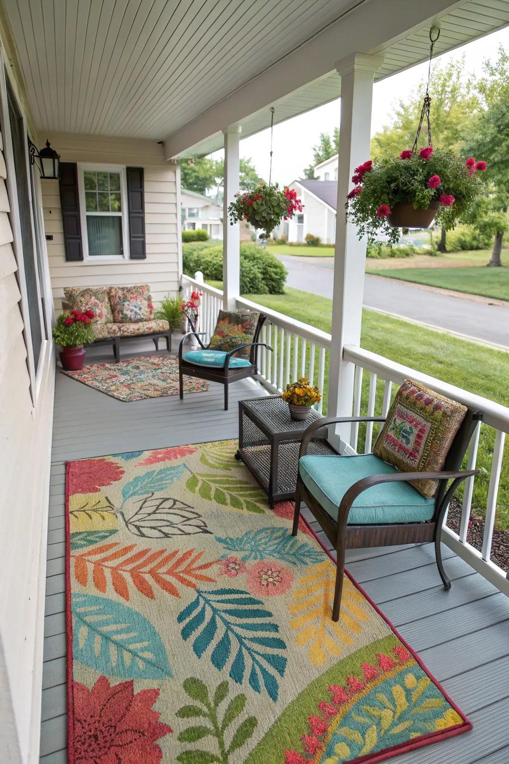 A vibrant rug adds warmth and texture to this split-level porch.