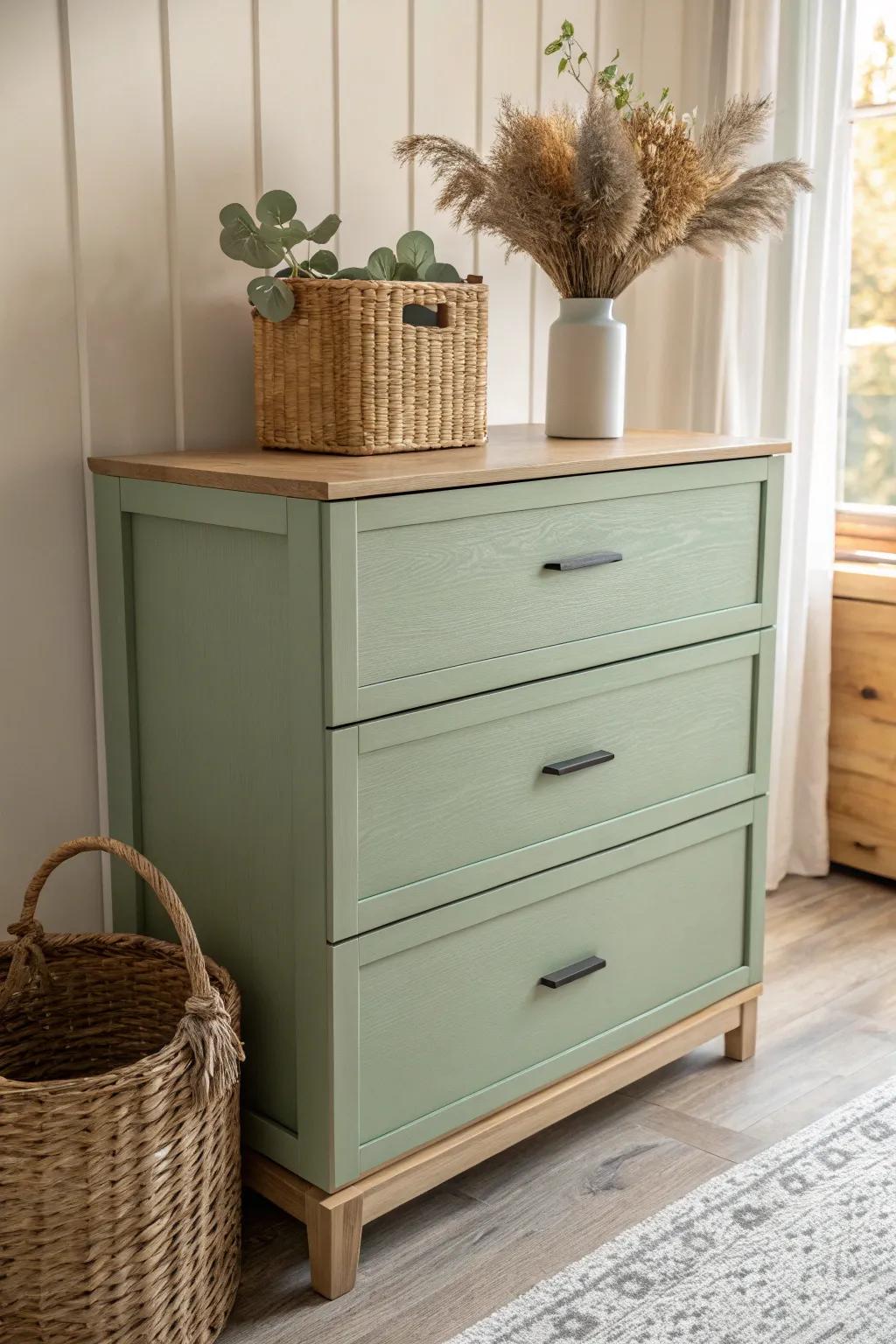 Transform your space with nature-inspired neutrals: A sage green dresser for a serene, minimalist touch.