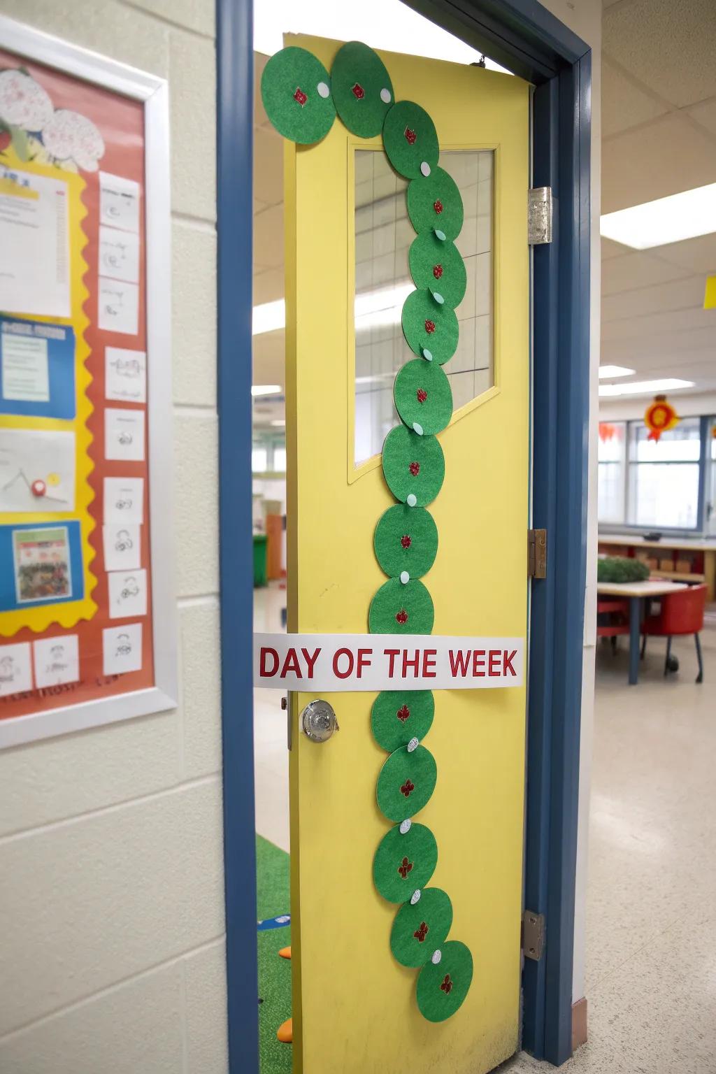 A caterpillar countdown on a preschool door.