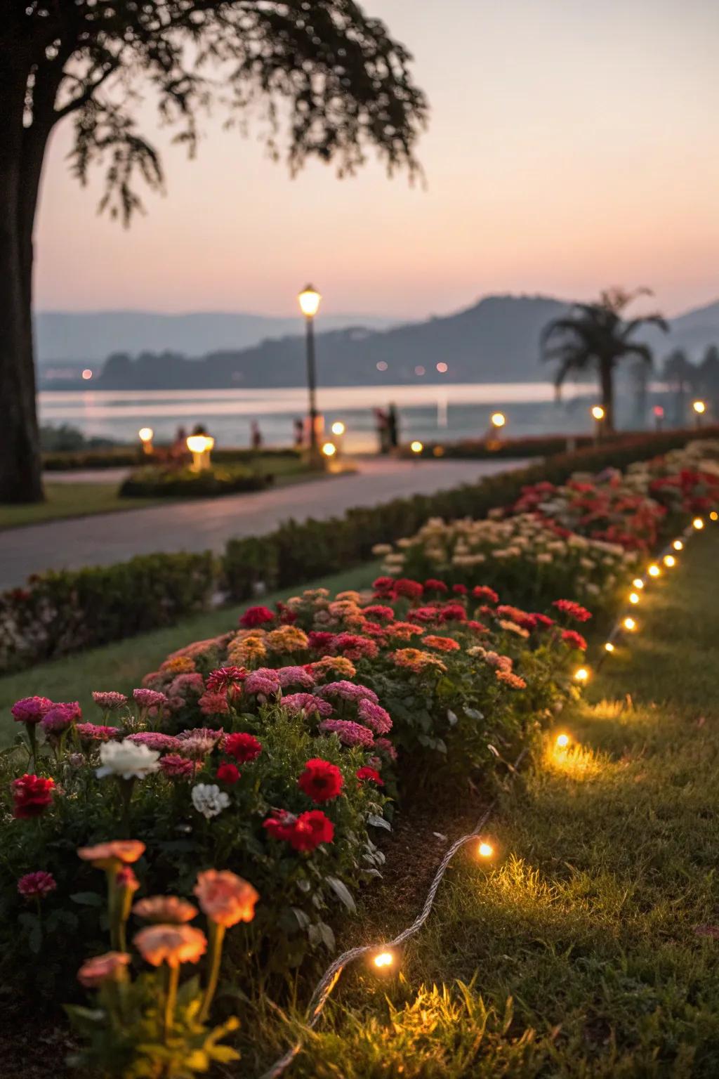 A flower bed illuminated by enchanting solar lights for evening enjoyment.