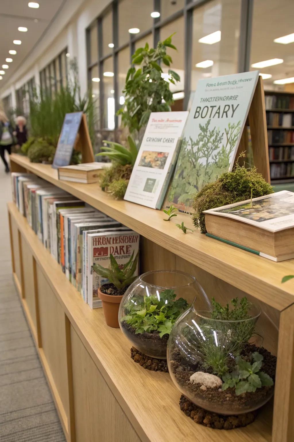 Books about nature surrounded by small plants and terrariums.