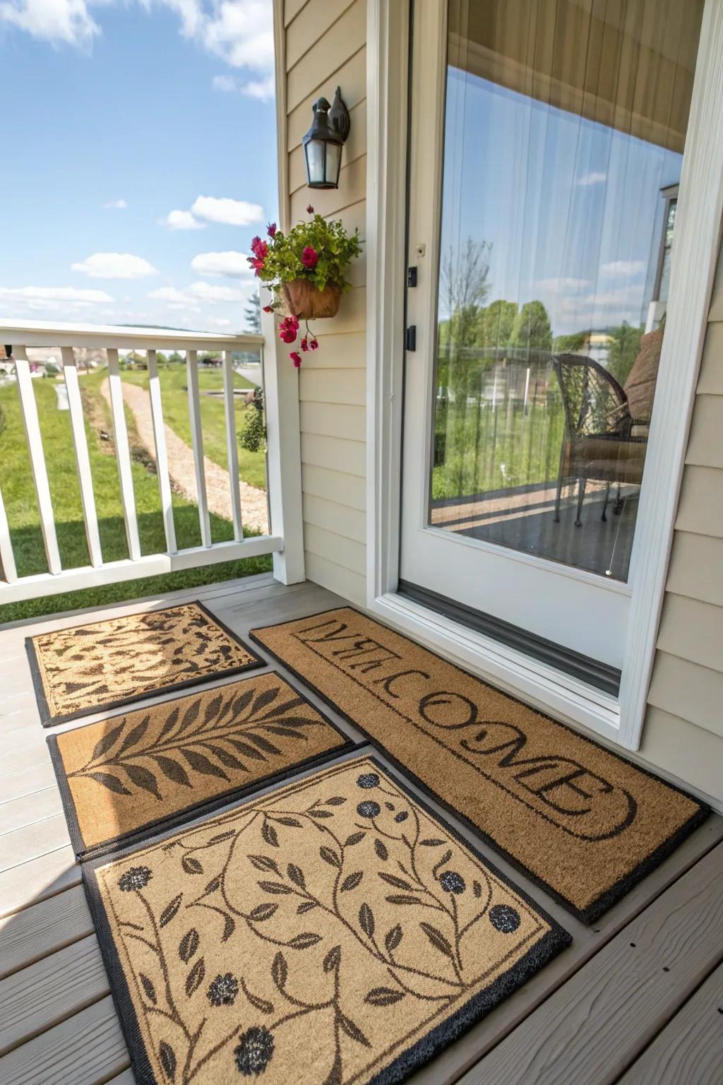 Layered doormats adding dimension to the entrance.