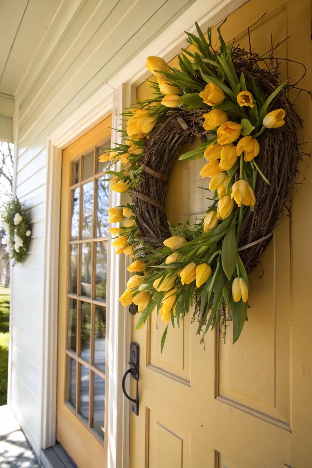 A classic yellow tulip wreath that embodies the essence of spring.