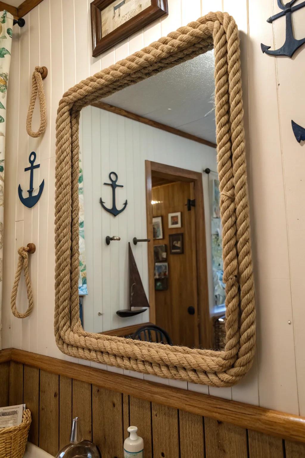 Embrace nautical vibes with a rope-wrapped mirror.